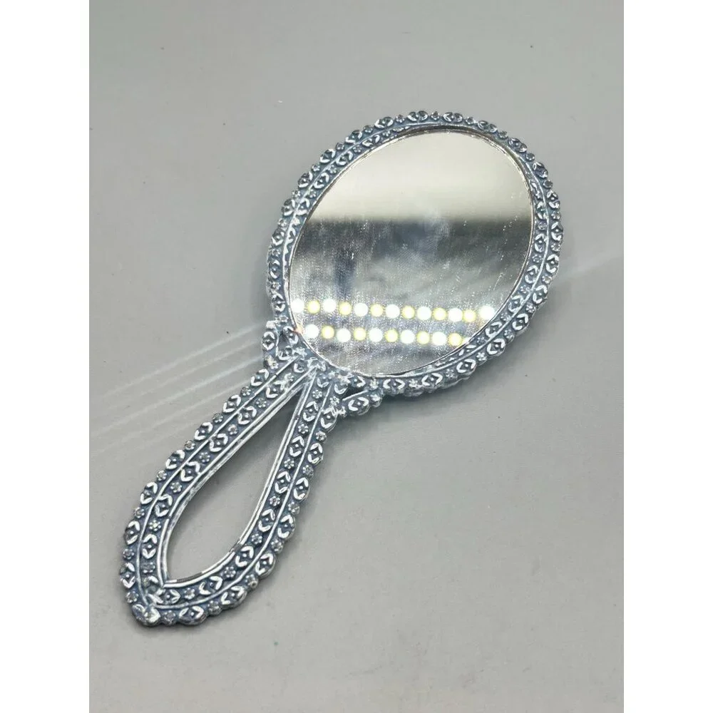 Vintage Florenza Small Hand Mirror Dusty Blue Enamel with Floral Resin Cameo